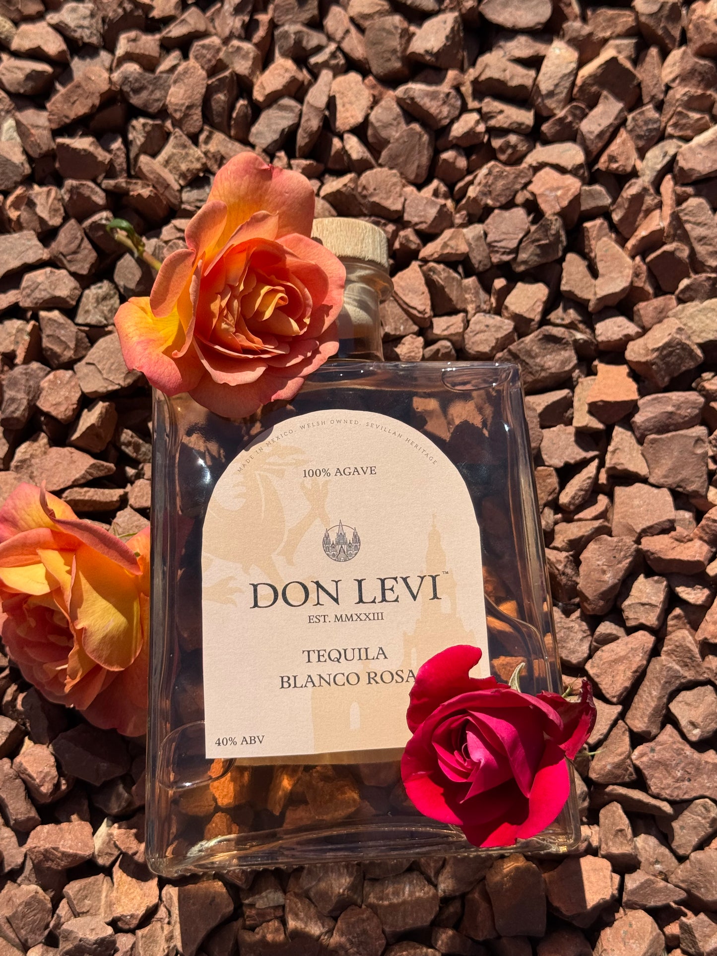 Don Levi Rosa with pink hues on pink stone with pink roses