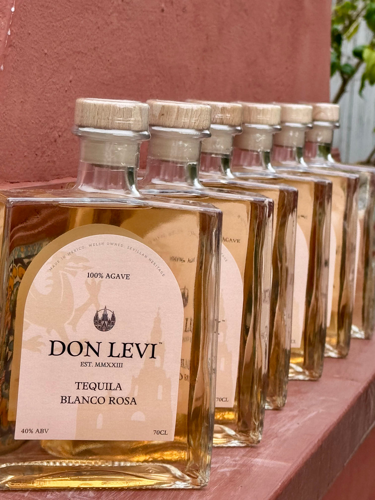 6 bottles of Don levi rosa tequila along a red terracotta wall