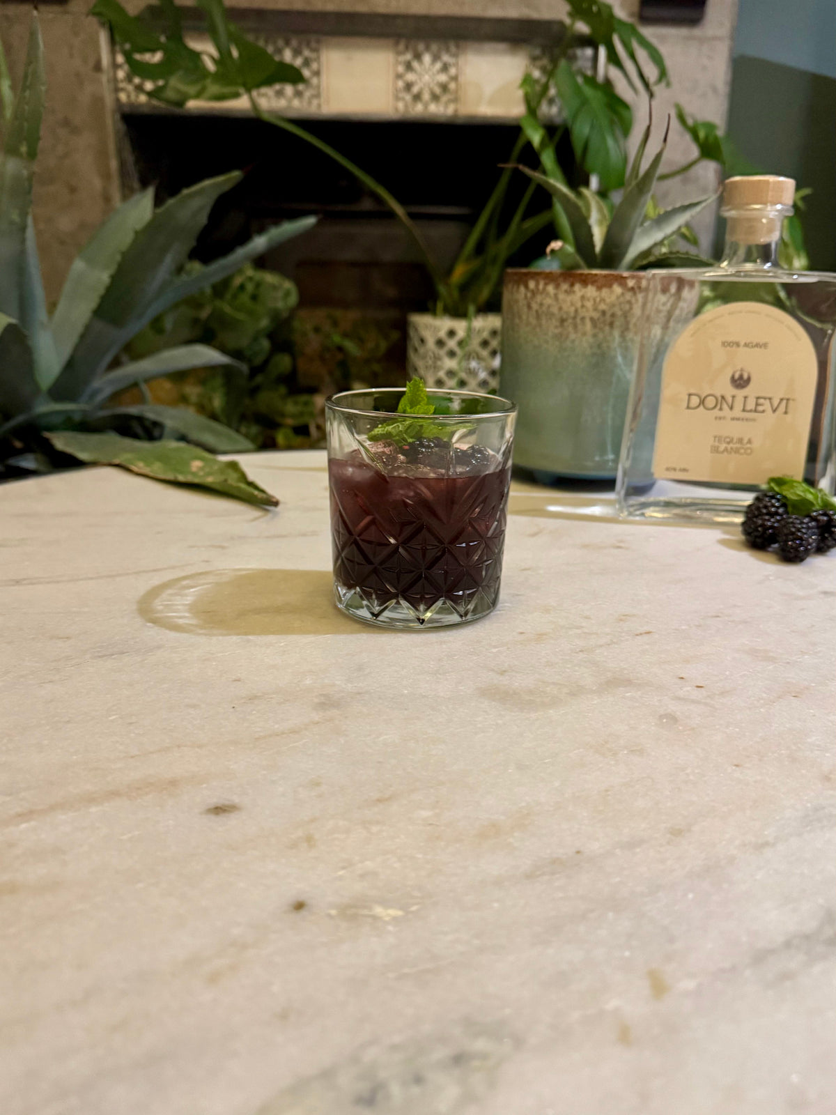 Don Levi Blackberry & Mint Margarita with a Don Levi Blanco bottle in the background.