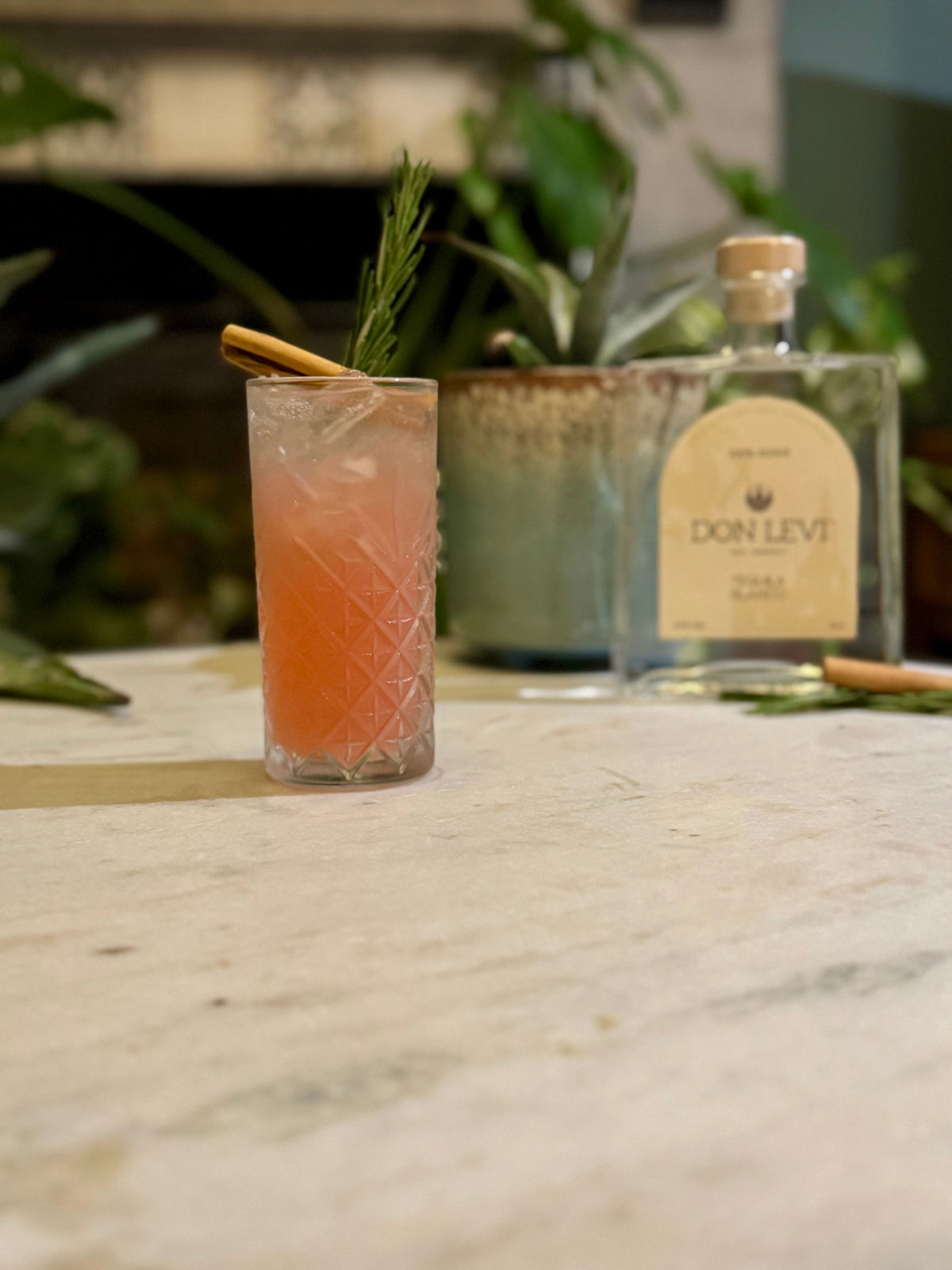 Don Levi Spiced Cranberry Paloma with a Don Levi Blanco bottle in the background.