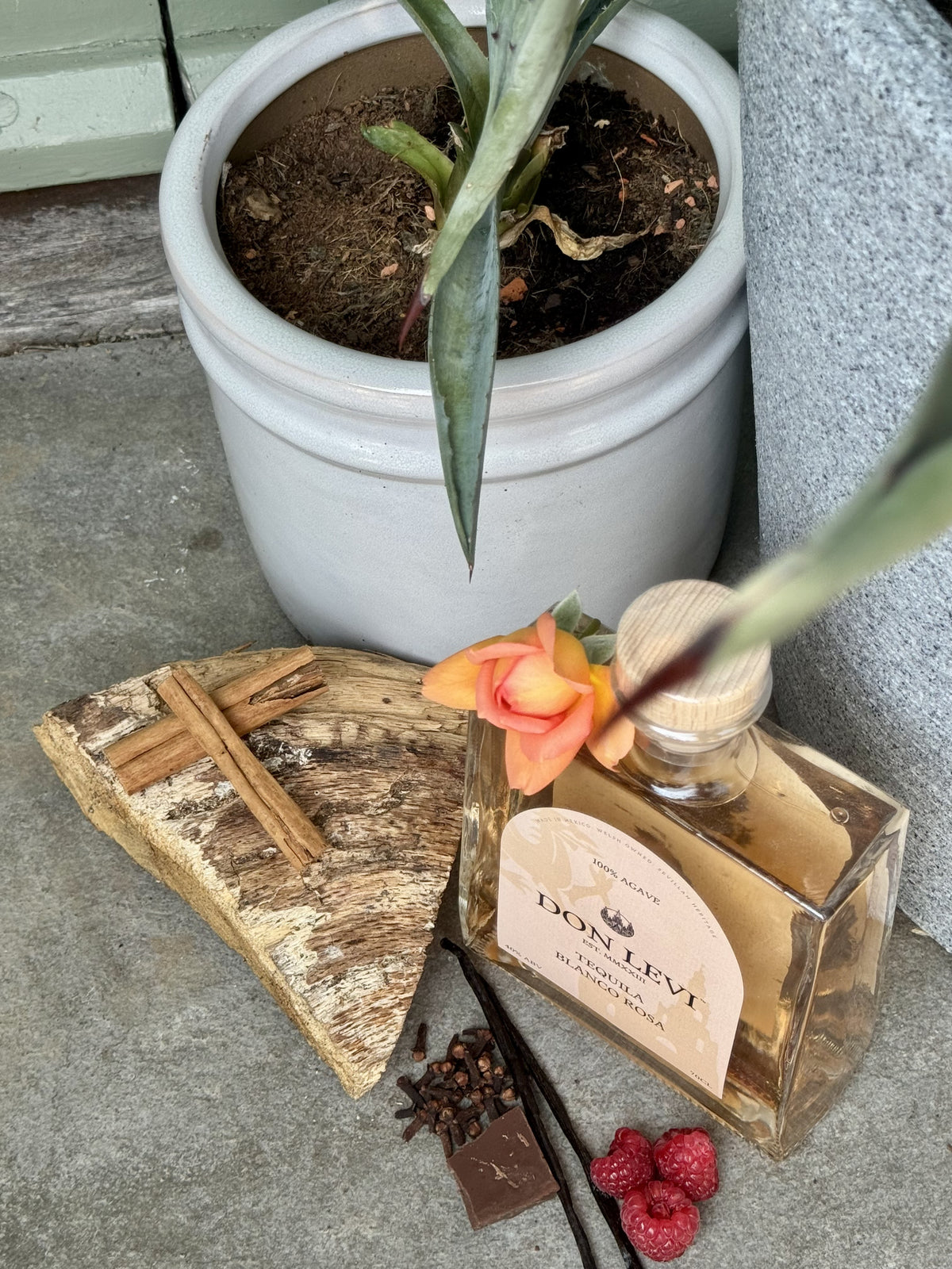 A bottle of Don Levi Rosa next to some agave plants, flowers, cinnamon, wood, raspberries, vanilla, clove and dark chocolate, highlighting the tasting notes 