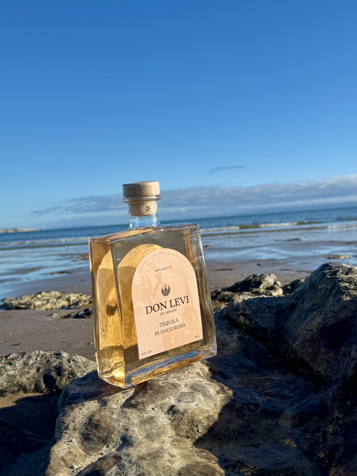 Bottle of Don Levi Rosa on some rocks on the beach, with the sea in the background.