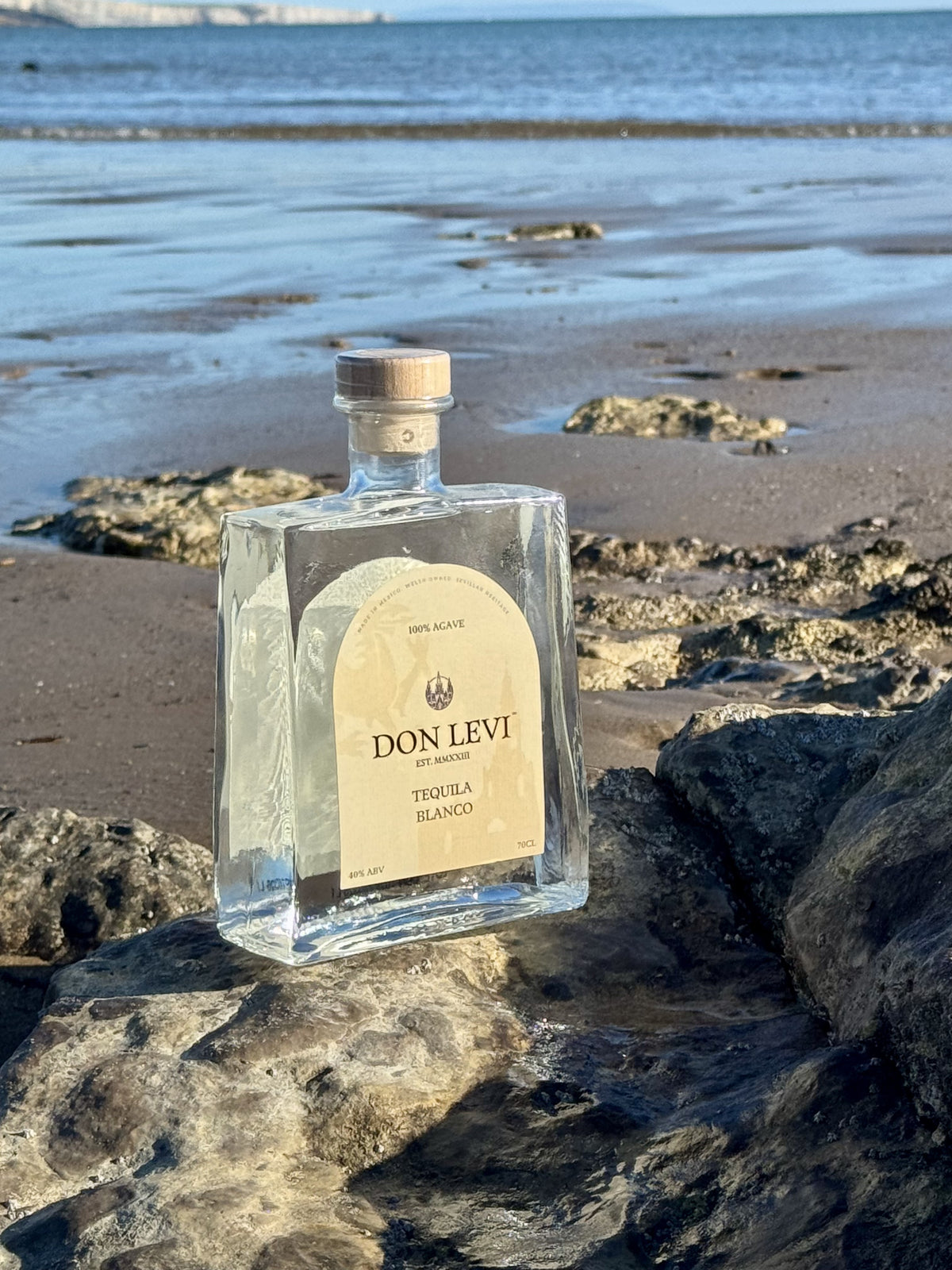 A bottle of Don Levi Blanco Tequila on some rocks on the beach with the sea and coast in the background.